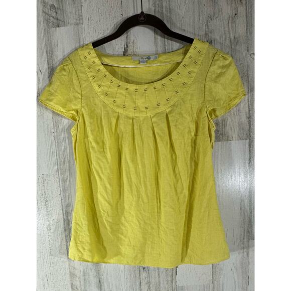 Boden Lemon Yellow Linen Top Size 4 Embroidered Neck Pleated Side Zip Cap Sleeve - Picture 1 of 8